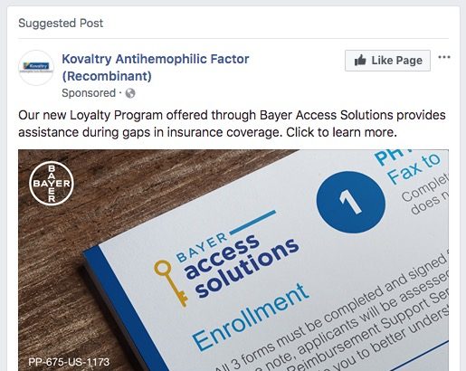 Sponsored Facebook Ad for Pharma Brand Advertising Patient Loyalty Program