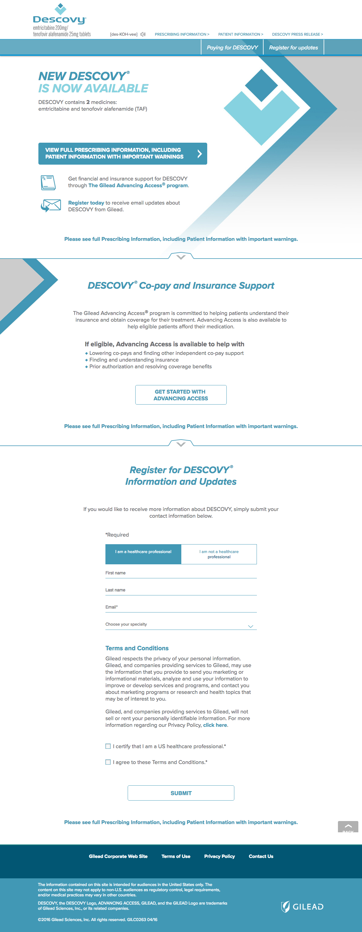 Descovy Now Available Pharma Landing Page: Homepage