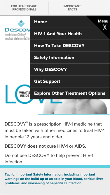 Descovy mobile homepage with exposed navigation