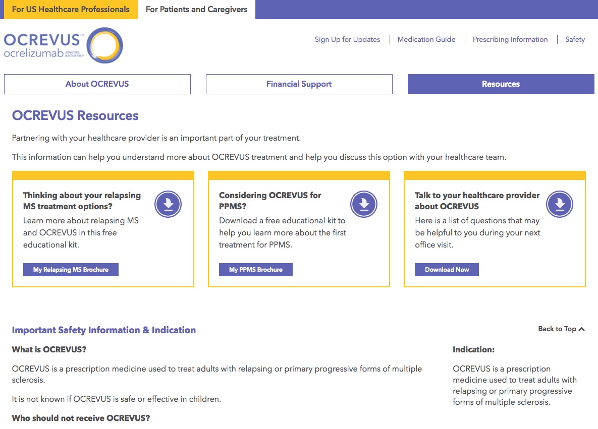 Ocrevus Patient Resources Page on Now Approved Pharma Website