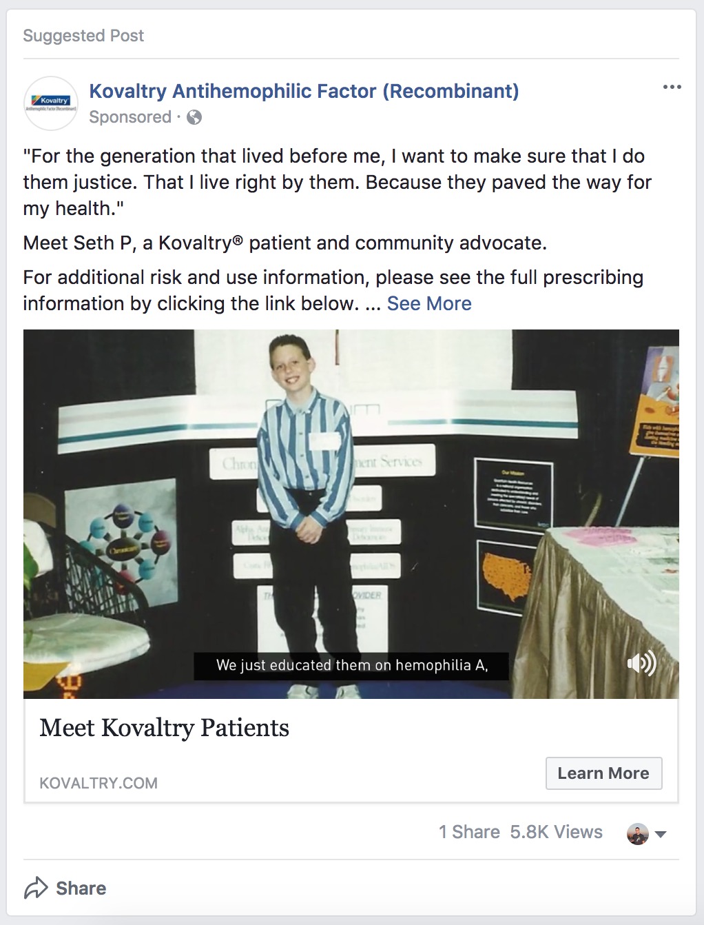 Kovaltry Pharma Sponsored Facebook Post/Ad - Video