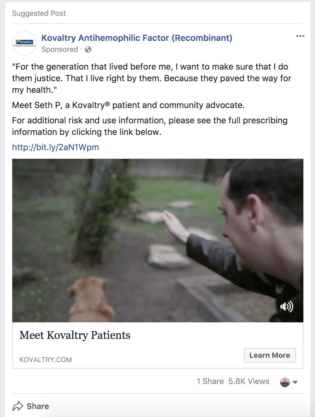 Kovaltry Pharma Sponsored Facebook Post/Ad - Video