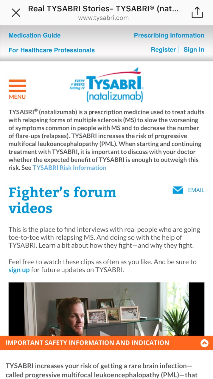 Sponsored Pharma Instagram Story from Unbranded to Branded Tysabri Site - 4