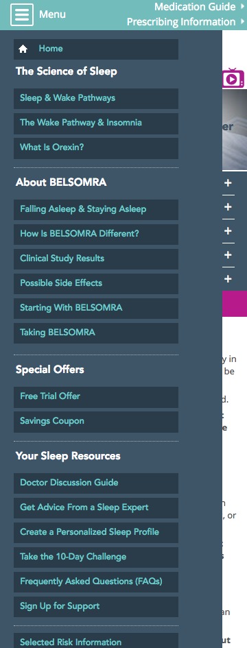 Belsomra - Pharma Website - Mobile Menu