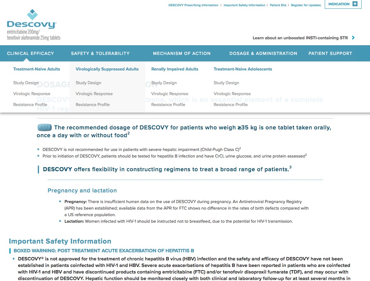 Physician's Website Screenshots - Efficacy Menu