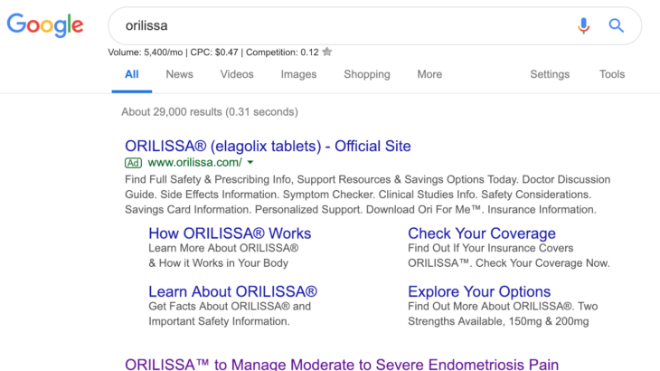 Pharma Paid Search Ad Example with Site Links and Site Link Descriptions